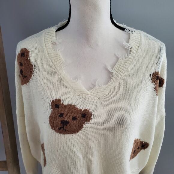 No Comment Frayed Teddy Bear Lightweight Sweater Size L - Picture 2 of 8